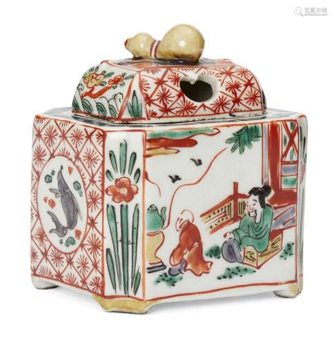 A Japanese porcelain censer, 19th century, with canted corners, painted in enamels with panels of