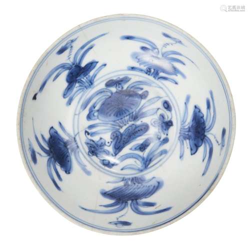 A Chinese porcelain small dish, Kangxi period, painted in underglaze blue with floral blooms