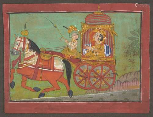 A princely couple in a carriage, Kulu, circa 1750, opaque pigments on paper, 15.1 x 20.3cmA princely