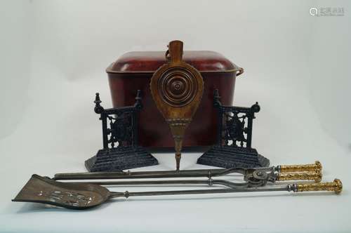 A collection of late 19th century and later fireside items, comprising: a set of three Victorian