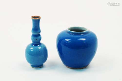 Two Chinese miniature porcelain monochrome powder blue vases, 7cm high (2)Two Chinese miniature