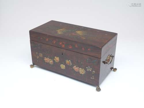 A Victorian mahogany tea caddy of rectangular form, the exterior designed with hand painted floral