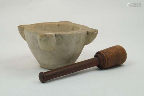 A marble mortar, 20th century, of tapering circular form, with four crescent lugs, 15.5cm H x 33cm