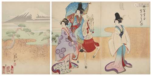 Chikanobu School, Japanese late 19th century, Noble Women at Mt. Fuji, woodblock print in colours,