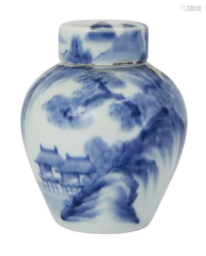 A Chinese porcelain jar and cover, 18th/19th century, painted in underglaze blue with a continuous