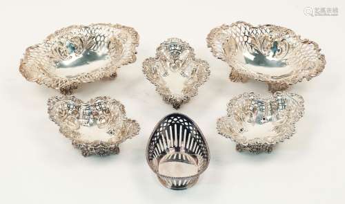 Six pierced silver bonbon dishes, the largest pair London, c.1892 & 1893, Sibray, Hall & Co (marks