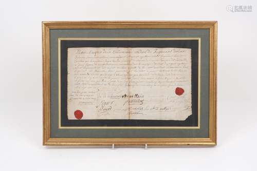 MILITARY INTEREST: A French letter, 18th century, signed by the Comte de Villeneuve, Colonel of D'