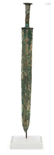 A Chinese bronze sword, jian, Warring States period, with tapered double-edged blade, partially