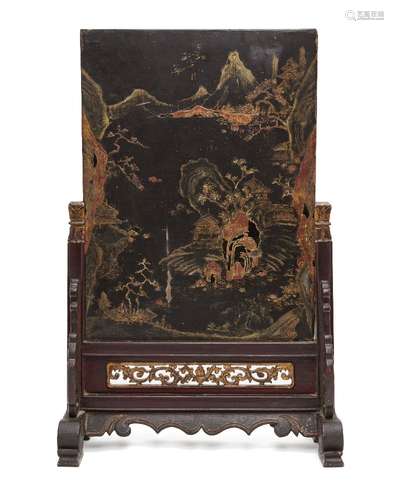 A Chinese lacquer table screen, late Qing dynasty, painted with a mountainous landscape, 58cm x