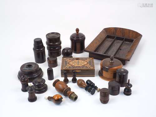 A collection of carved treen items, 19th century and later, to include a turned wood seal stamped '