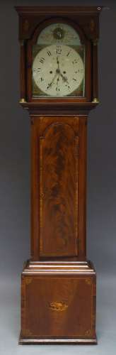 A George III mahogany longcase clock with boxwood inlay, the flat top hood with cornice above an