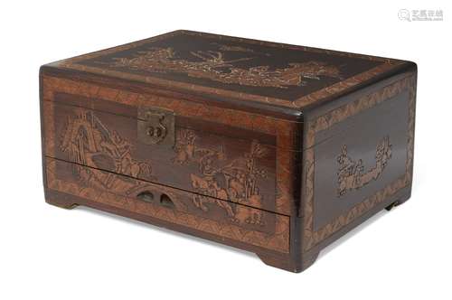 A Chinese hardwood cutlery box, early 20th century, carved to the cover, sides, front and reverse,