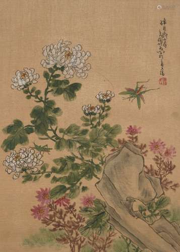 20th century Chinese School, ink and colour on silk, studies of flowers and insects, 36cm x 26cm20th