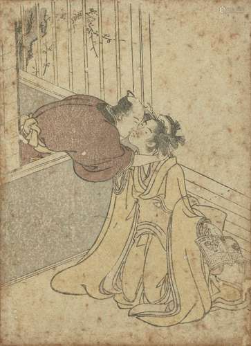 Two Japanese woodblock prints, early 19th century, one depicting a lady with a monkey pulling at her