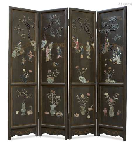 A Chinese hardwood four-panel screen, 20th century, hardstone-inlaid with figures in a garden