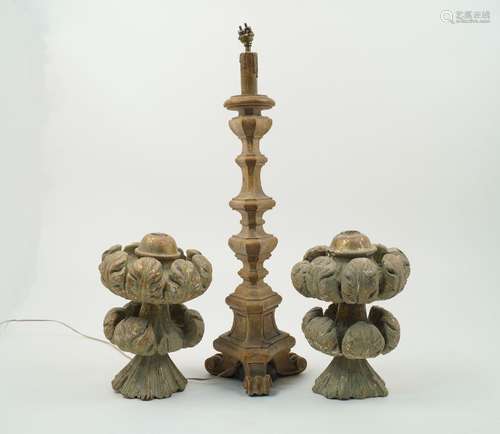 A pair of carved wood finials, 19th century, each designed with stacked leaf form rosettes,