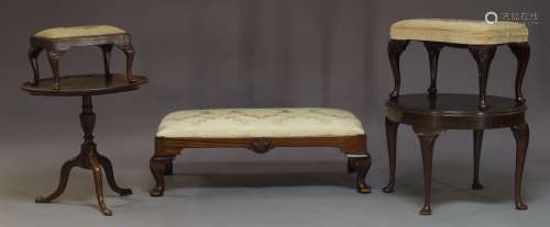 A George II style mahogany foot stool, late 20th Century, with cream damask pattern upholstered