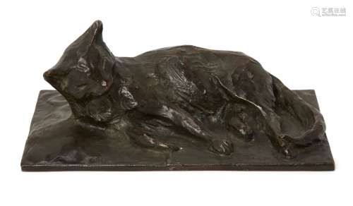 Camille Pantol, 19th/20th century, Bronze model of a cat, Signed, 16cm wide, 7.5cm highCamille