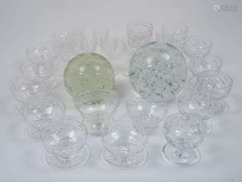 Two large glass dumps of modern design, 17cm and 14cm high, together with a group of modern