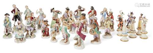 A collection of European ceramic figurines, to include sixteen Meissen and Dresden figurines from