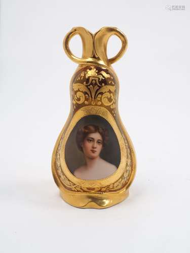 A Vienna porcelain gourd shaped portrait vase, late 19th Century, the neck with twin handles leading