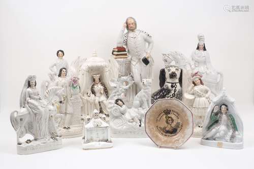 A large collection of Staffordshire figurines and figure groups of various subject matter, of the