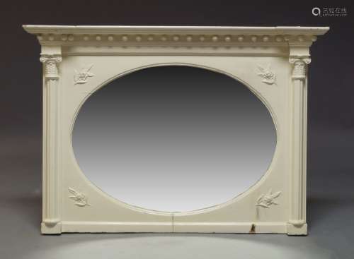 A white painted overmantle mirror, early 20th Century, the frieze with applied ball finials above