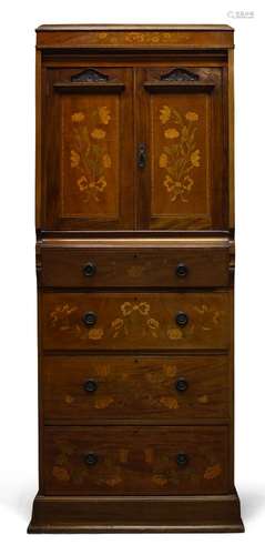 An Edwardian mahogany and inlaid cupboard, with overall floral and ribbon marquetry decoration, with