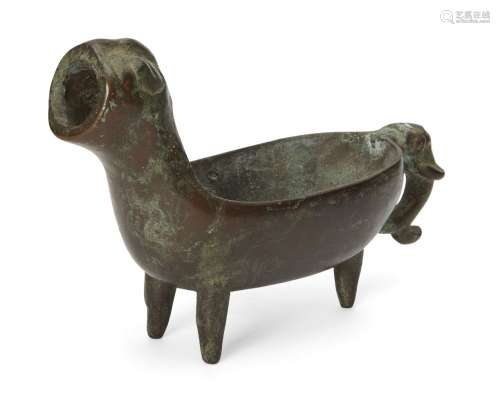 A Chinese bronze archaistic zoomorphic pouring vessel, late Qing dynasty, the handle cast as the