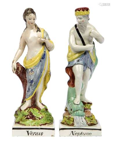 A pair of Staffordshire pearlware figures of Neptune and Venus, late 18th century, Neptune with