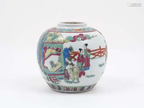 A Chinese porcelain jar, 20th century, painted in famille rose enamels with an official on horseback