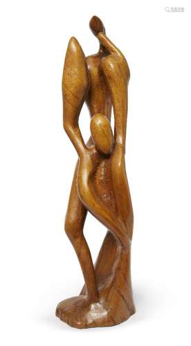 A modern carved wooden sculpture, late 20th century, designed as interlocking forms, terminating