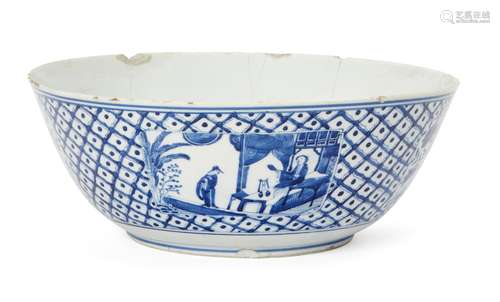 A Chinese porcelain punch bowl, 18th century, painted in underglaze blue with panels of interior