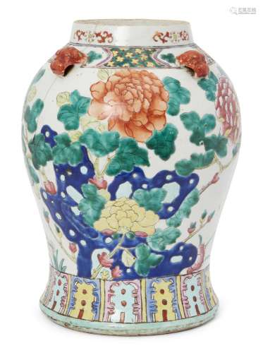 A Chinese porcelain jar, late 19th century, painted in famille rose enamels with flowers and