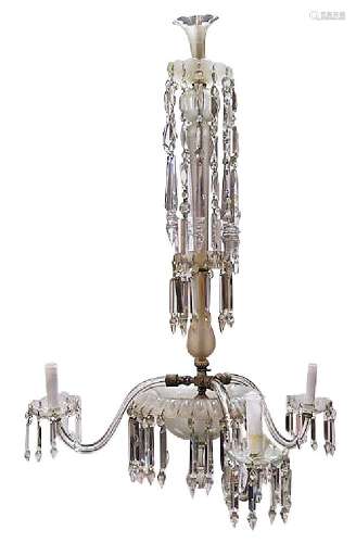 A glass three light chandelier, late 19th/early 20th century, with a tall central baluster stem,