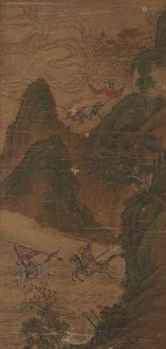 19th century Chinese School, a set of three ink and colour on silk, mountainous landscapes with