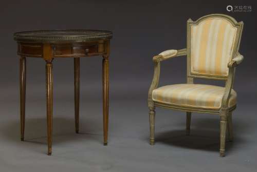 A Louis XVI style mahogany and brass inlaid Bouillotte table, early to mid 20th Century, the