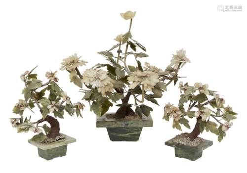 A garniture of three Chinese hardstone gem trees, early 20th century, each with rectangular base,