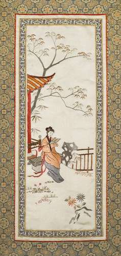 Three Chinese silk embroidered panels, early 20th century, one depicting a lady reading in a garden,