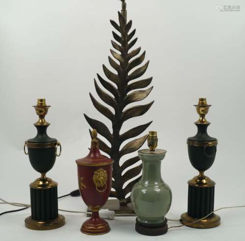 A pair of decorative neo-classical table lamps, 20th century, of urn shaped form with brass lugs