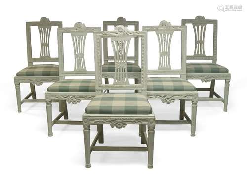 A set of six Gustavian white painted Lindome dining chairs, early 19th Century, the rectangular