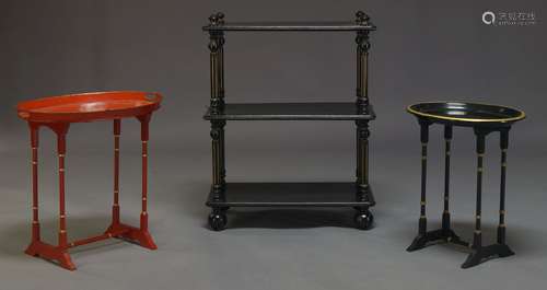 A Victorian ebonised and parcel gilt three tier etagere, the rounded rectangular tiers on turned and