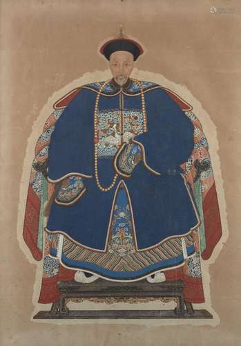 A Chinese ancestor portrait, 19th century, depicting a civil official of the 6th rank, wearing a