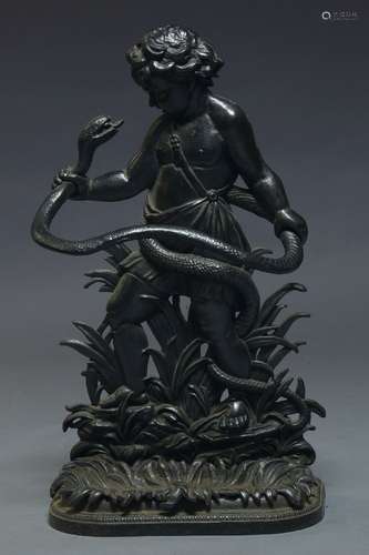 A Coalbrookdale style cast iron stick stand, 20th Century, modelled as a young boy grappling with