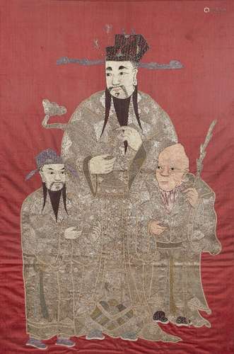 A large Chinese silk embroidered picture, late 19th century, depicting the Sanxing, the three star