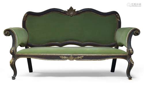 An Italian brown-painted and parcel-gilt canape, second half 18th century, upholstered in sage green