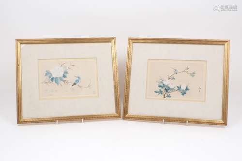 A pair of Chinese paintings, of rectangular form, each designed with polychrome blossom branches,