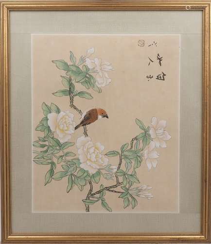 A pair of Chinese paintings, of rectangular form, each designed with polychrome blossom branches,