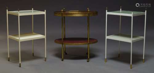An oval two tier brass etagere, second half 20th Century, the top tier with pierced gallery, over
