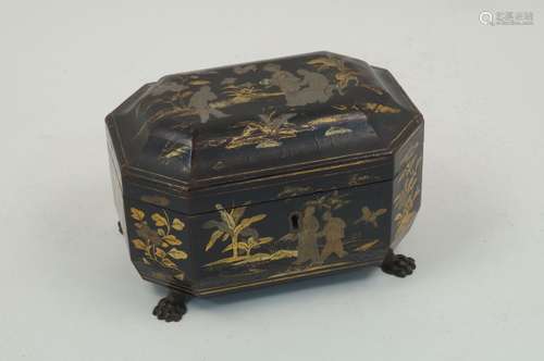 A Chinese lacquer tea caddy, early 20th century, of canted rectangular form, with applied gilt